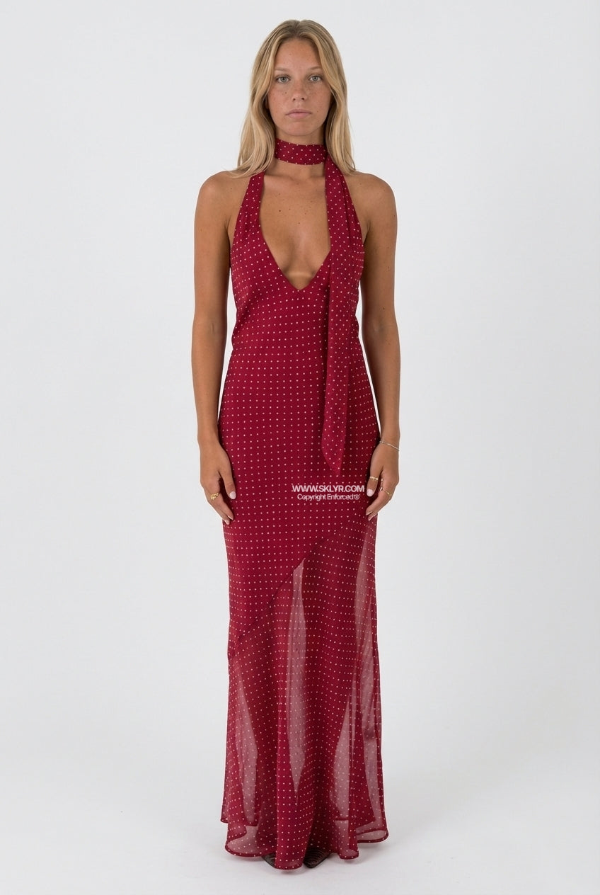 Rich Red Satin Fitted Maxi Dress