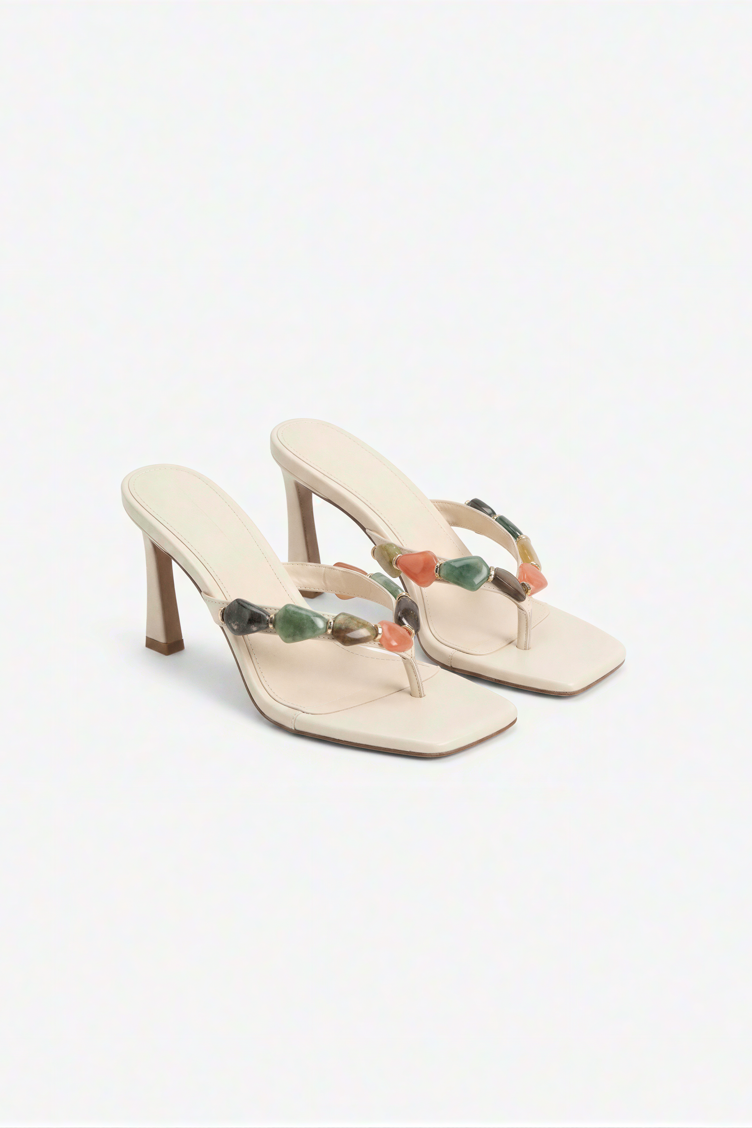 Cream Stone-Embellished Heeled Thong Sandals