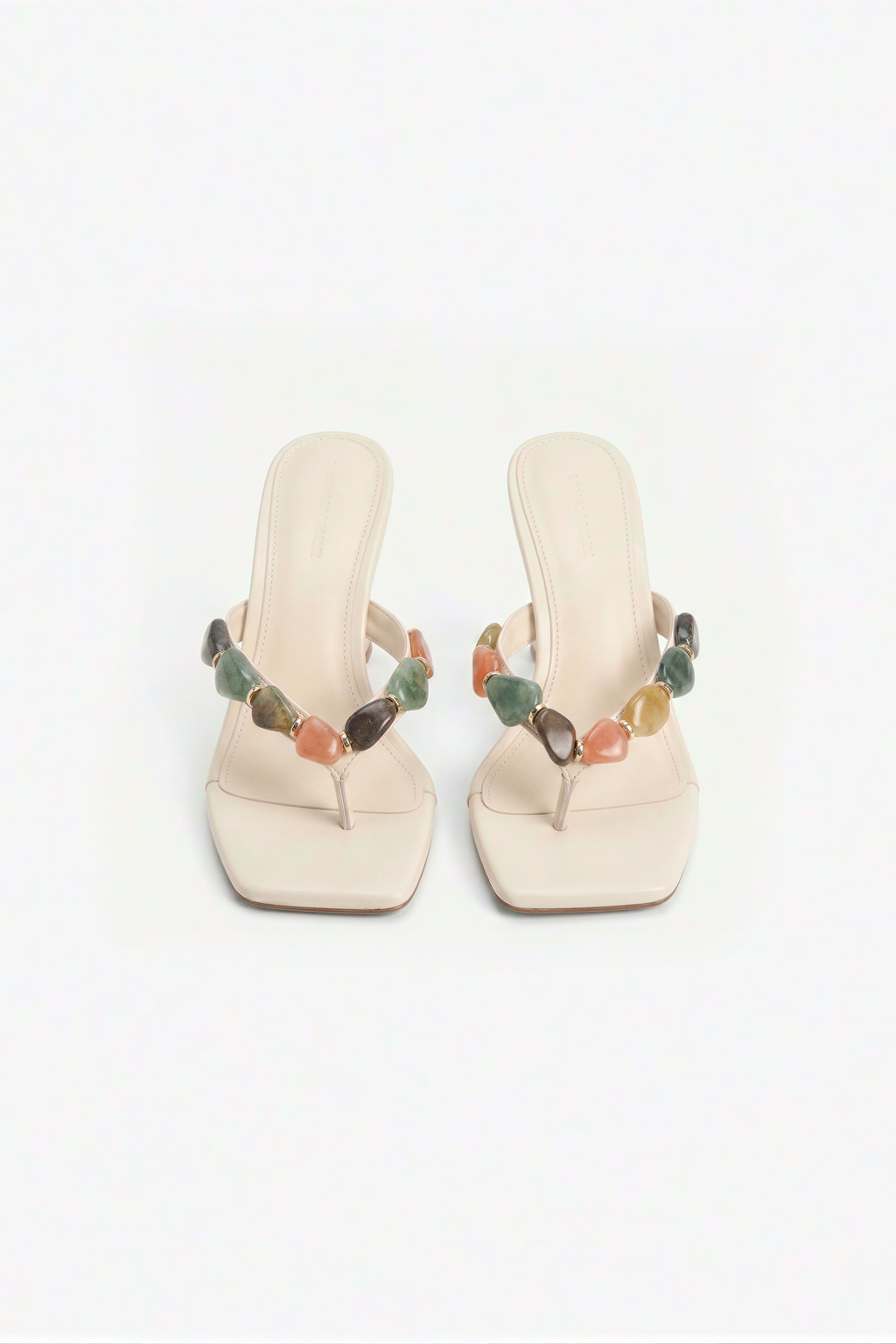 Cream Stone-Embellished Heeled Thong Sandals