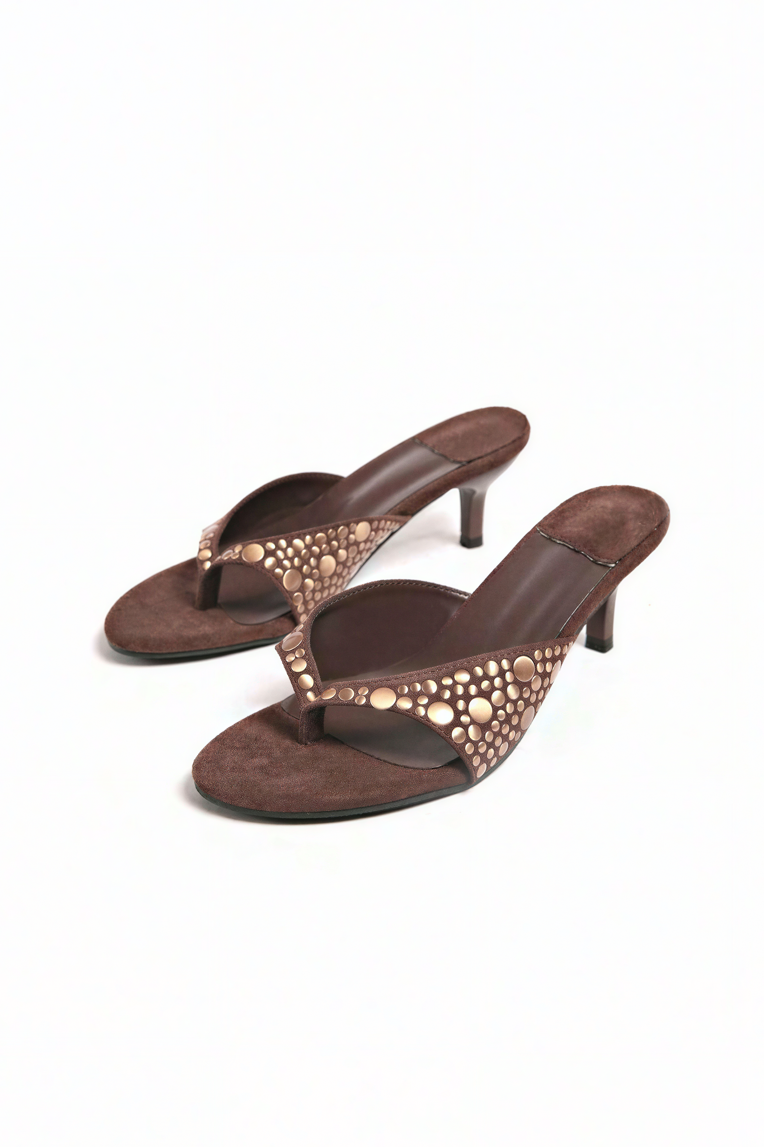 Brown Suede Studded Thong Sandals