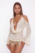 Textured Halter Neck Cold Shoulder Top with Bell Sleeves