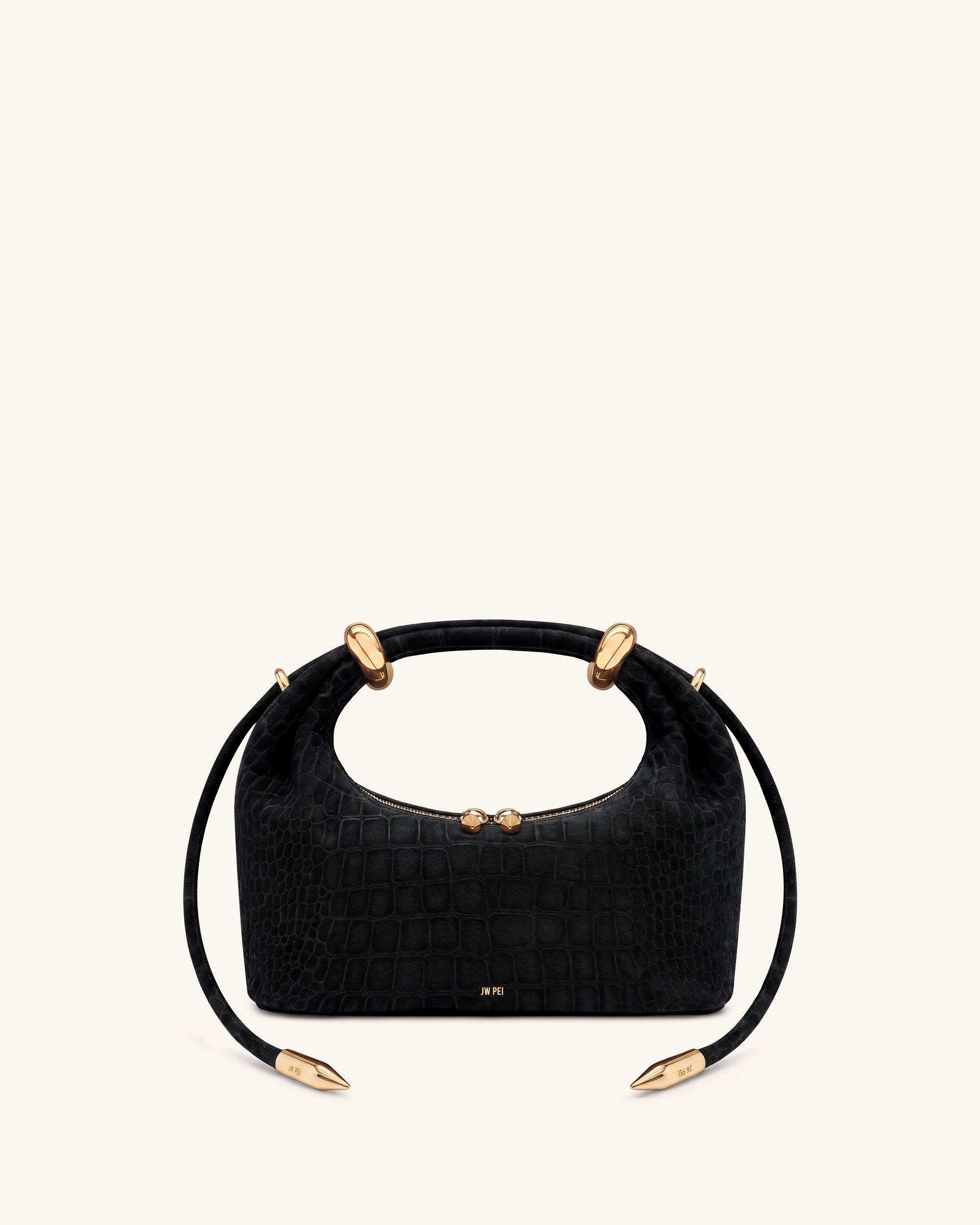 Ellie Borsa a mano in finta pelle scamosciata con anello in metallo - Effetto coccodrillo nero